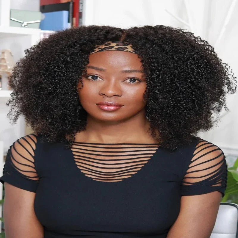 Kinky Curl Headband Wig 100% Human Virgin Hair Natural Black With 3 Colorful Headband