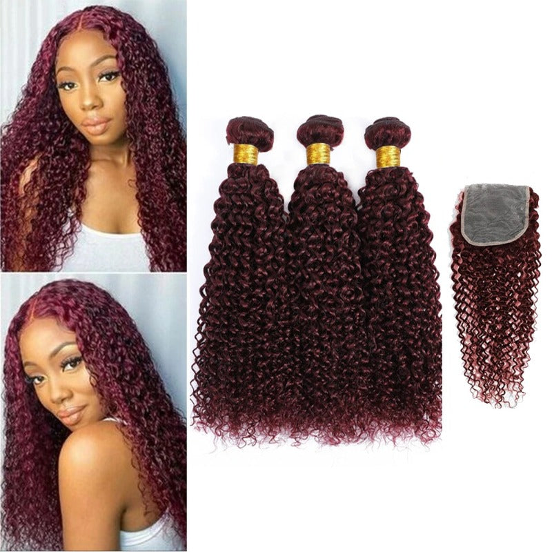 99J Burgundy 3 Bundles with 4x4 Lace Closure Jerry Curl 100% Unprocessed Virgin Hair