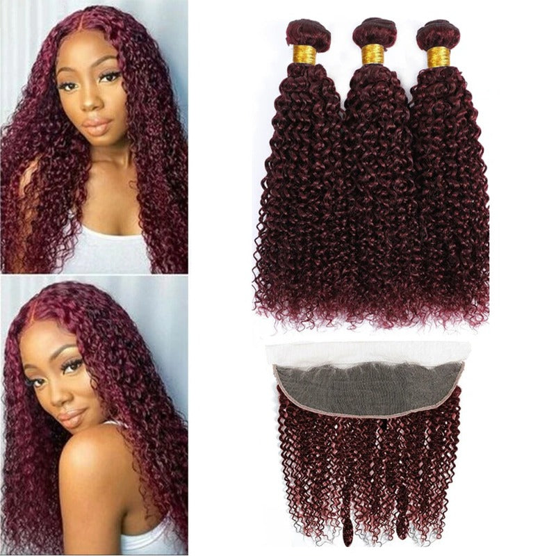 3 Bundles with 13x4 Lace Frontal Jerry Curl Color #99J Burgundy Brazilian Virgin Hair