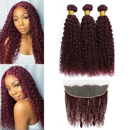 3 Bundles with 13x4 Lace Frontal Jerry Curl Color #99J Burgundy Brazilian Virgin Hair
